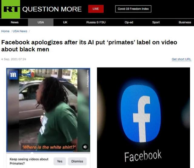 给黑人男子视频贴上“灵长类动物”推荐语，脸书道歉