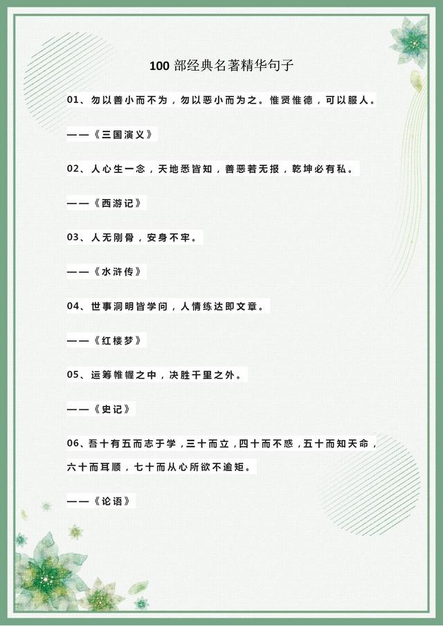 初中语文100句经典名著精华句子，超加分的中考写作素材！可下载